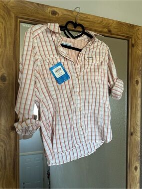 Columbia Women's White and Coral Plaid Button-Down Shirt